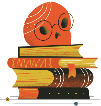 Illustration of skull with glasses on top of a stack of books