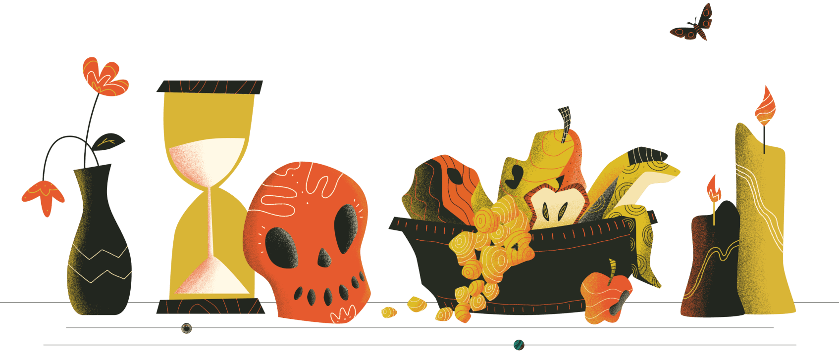 Illustration of vase, hourglass, skull, rotting fruit, moth and burning candles