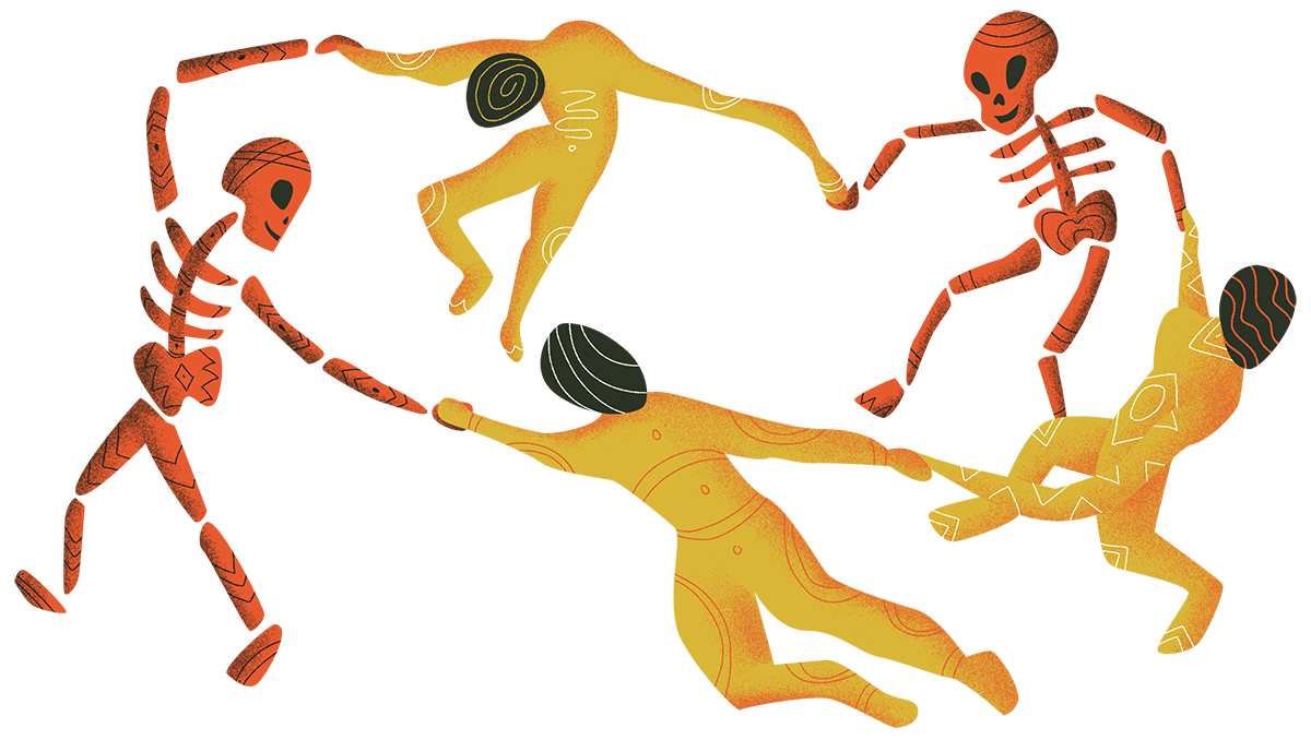 Illustration of skeletons and humans holding hands in a circle