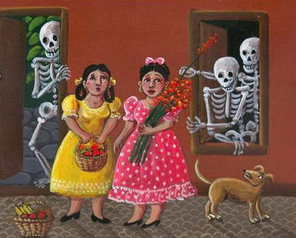 Artistic rendering of two nervous girls (one wearing a yellow dress and the other pink) and a brown dog being flirtatiously taunted by three skeletons behind them.