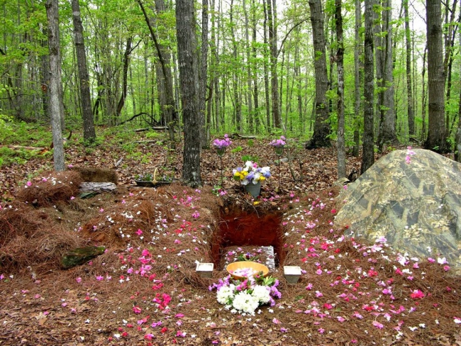 Photo of a natural burial plot in a green wooded area. There are flowers placed at either end of the plot as well as flower petals scattered around the dirt.