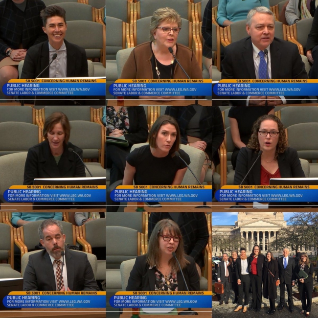 A grid of nine captures of different speakers at the public hearing SB 5001 Concerning Human Remains.