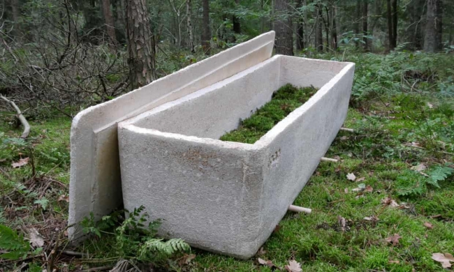 Photo of an open Loop Cocoon coffin sitting on a grassy forest floor.