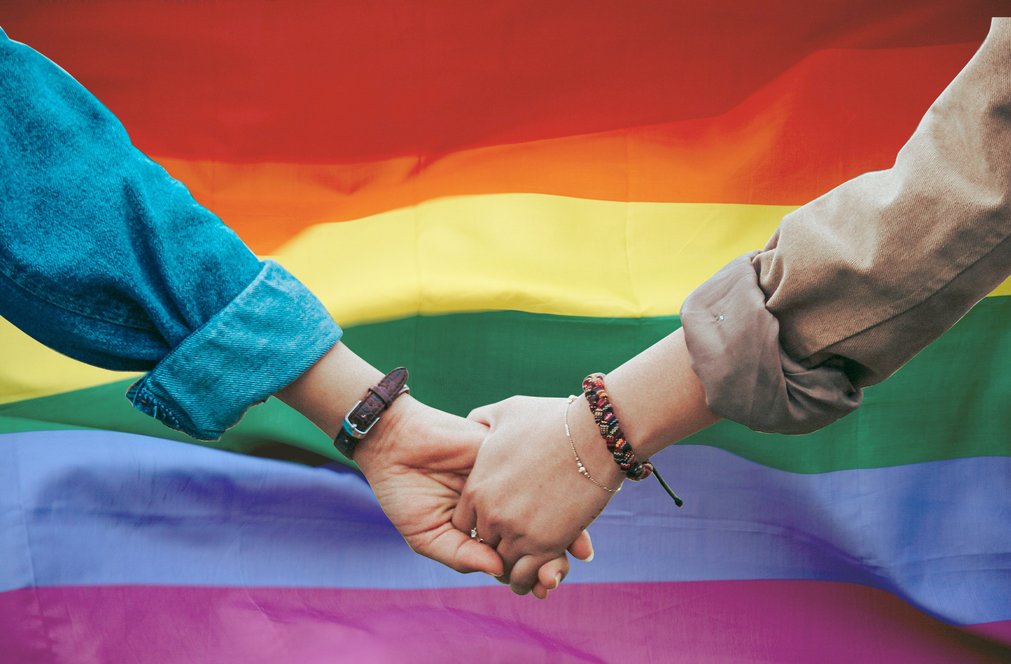 Collage of hands holding in front of a rainbow pride flag.