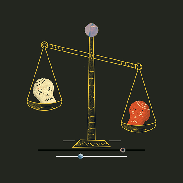 Illustration of two skulls being weighed on a scale, where one is heavier than the other