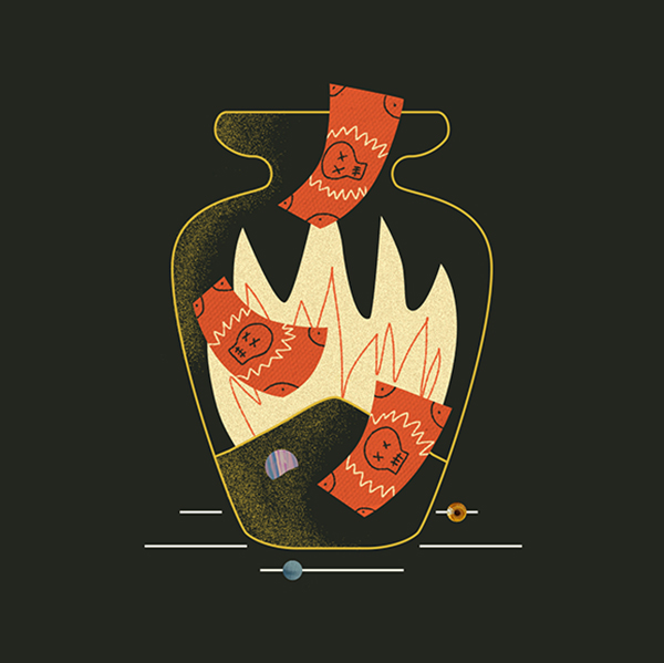 Illustration of money being burnt in an urn