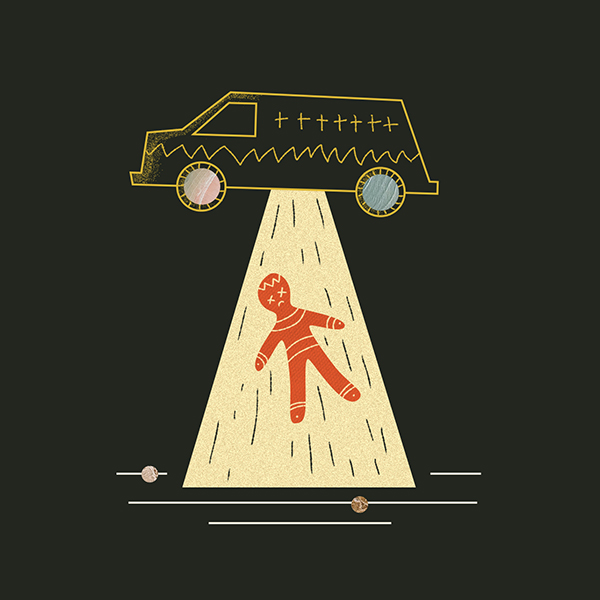 Illustration of funeral van abducting a corpse like a U.F.O