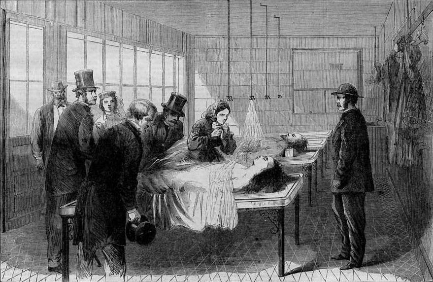 First morgue in New York City, 1866 at Bellevue Hospital.