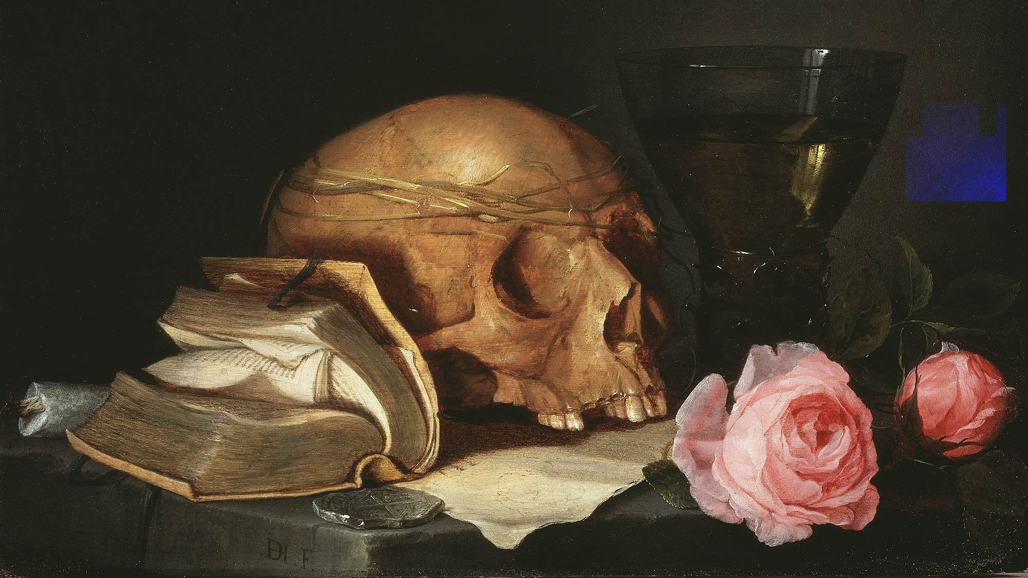 Vanitas portrait with book, skull and pink flowers