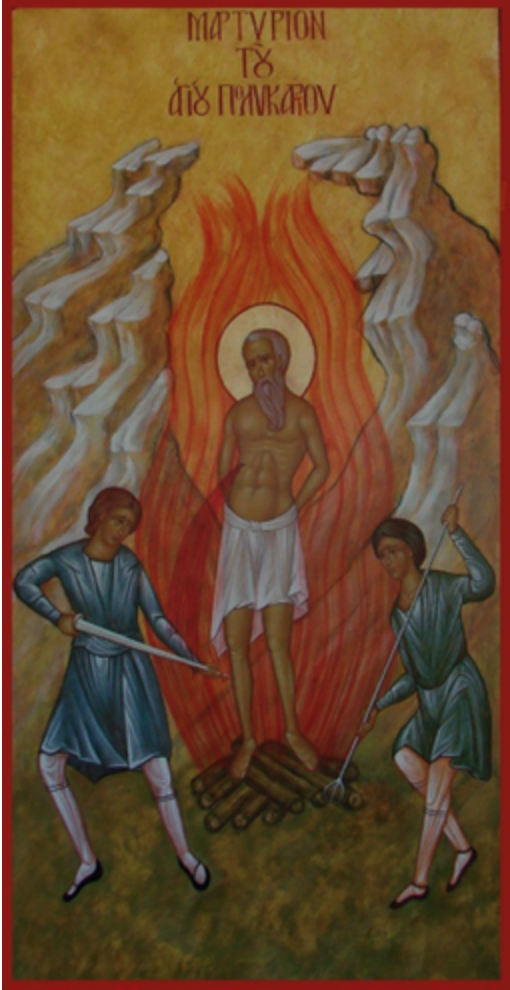 Icon of St. Polycarp's martyrdom, man in loin cloth with a halo being set on fire with flames all around him, a man on his left with a sword, a man on his right with a spear