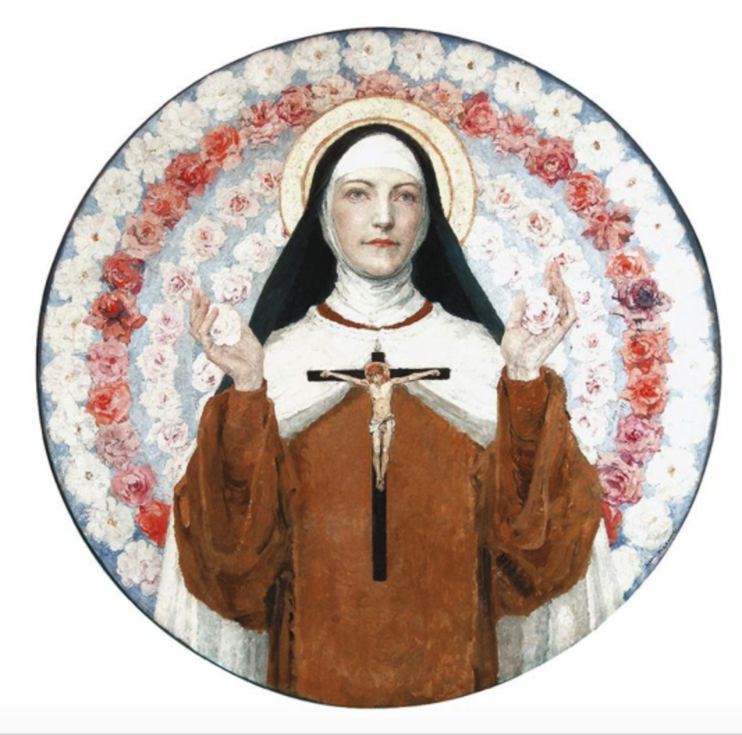 Sainte Thérèse de Lisieux by Edgar Maxence, woman in nun's habit with large cross on her chest, she is lifting up both hands and is carrying a rose in each, with a  background of flowers