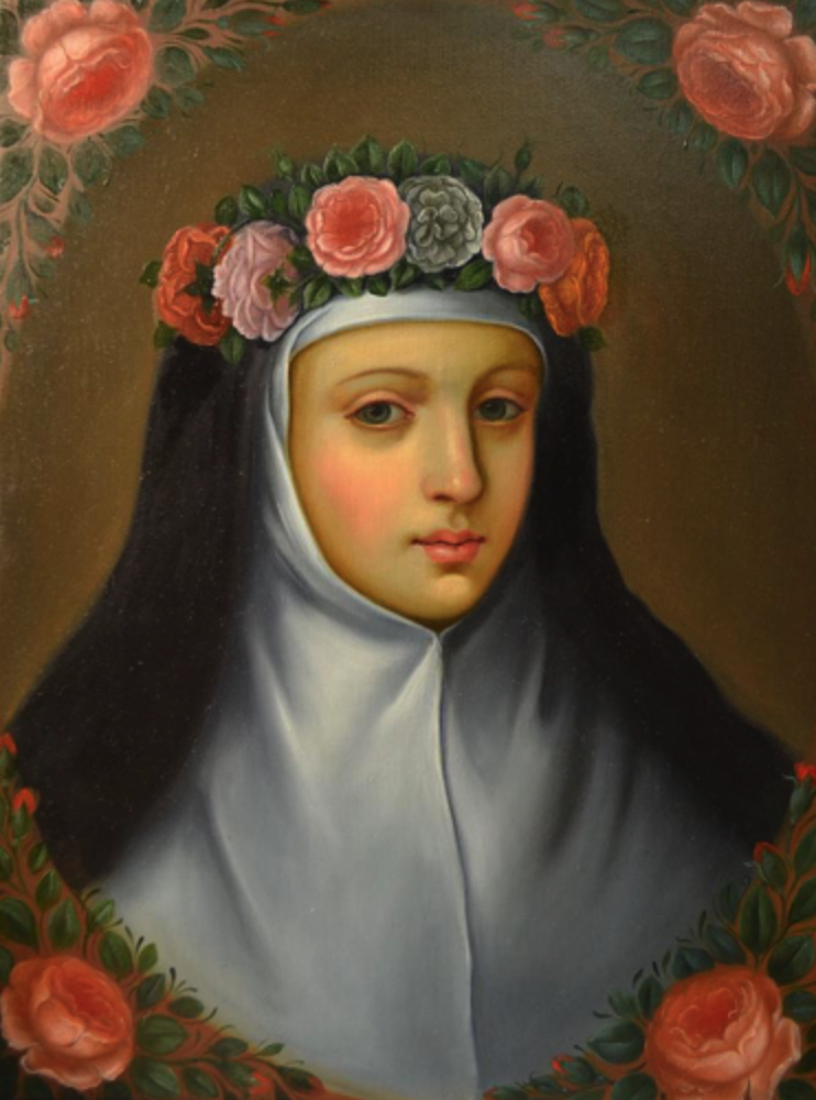 Rosa De Lima Painting by Jose Antonio Robles, woman wearing nun's habit witha  crown of roses and roses decorating the corners of the painting