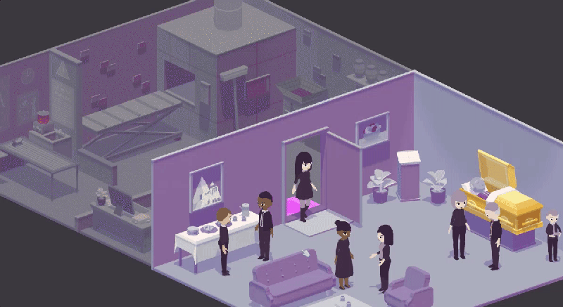 A video game image shows a crematory and a funeral taking place in the next room against a light purple and gray background. In the corner of the room is a coffin, and seven people conversing in the room.