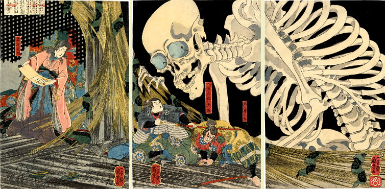 Illustration of giant skeleton attacking men from 