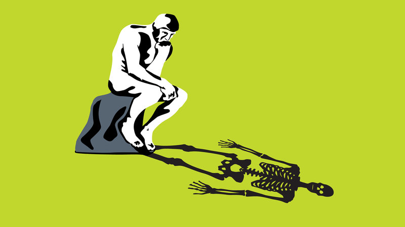 Illustration of the Thinker statue contemplating it's skeleton shaped shadow
