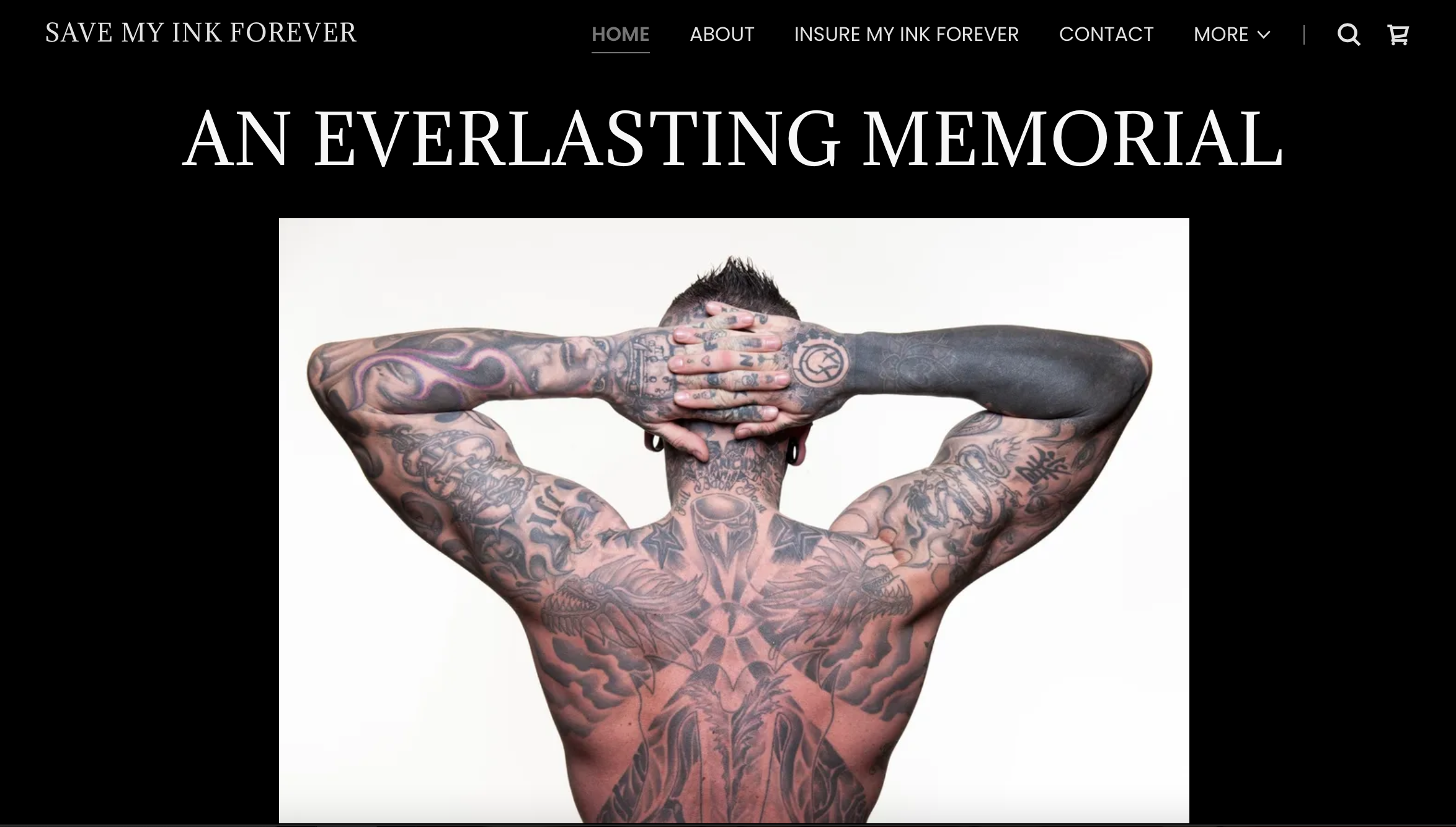 Screen shot of save My Ink Forever website featuring a photograph of a light skinned man's back and arms folded behind head, covered with tattoos.