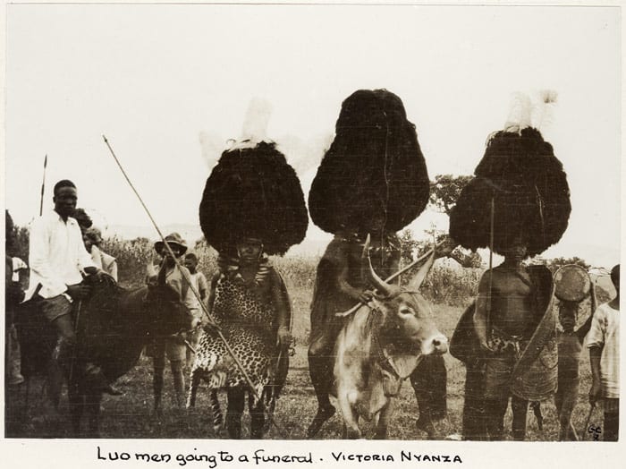 Black and white photograph of three mean in the foreground, with large headdresses, the one in the center rides a bull