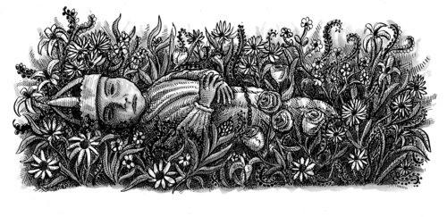 B&W illustration of a body engulfed in plants and flowers. Illustration by Landis Blair.