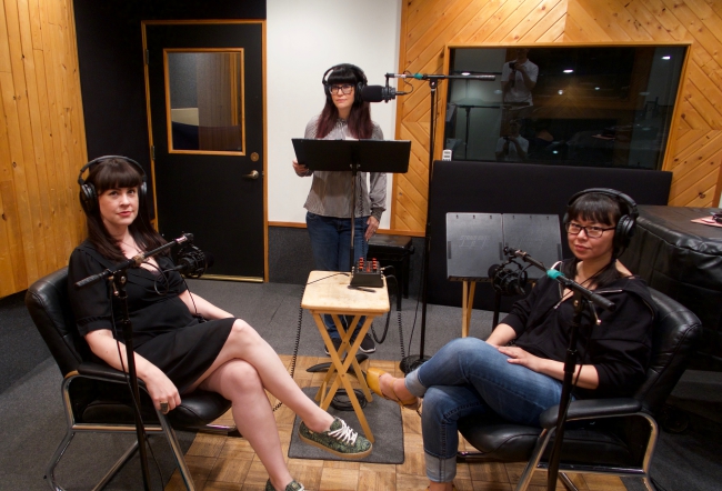 Photo of Caitlin, Sarah, and Louise in the podcast recording studio.