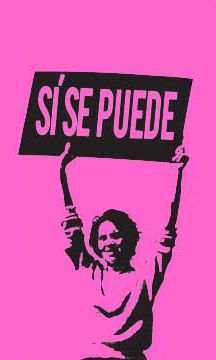 Bright pink graphic with a woman holding a sign that reads 