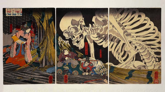 3-Panel illustration of a giant skeleton peering in on a woman and two samurai.