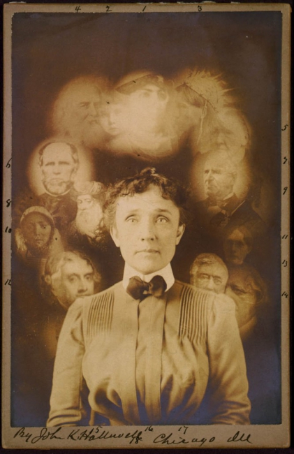 Antique photograph of a woman with several ghostly faces in a ring behind her.