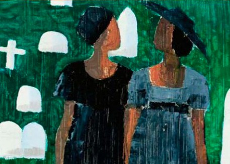 Artwork of two dark skinned women their heads are turned toward each other against a green grassy background dotted with white headstones