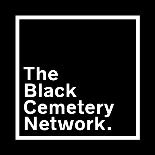 A black square graphic with white lettering that reads The Black Cemetery Network