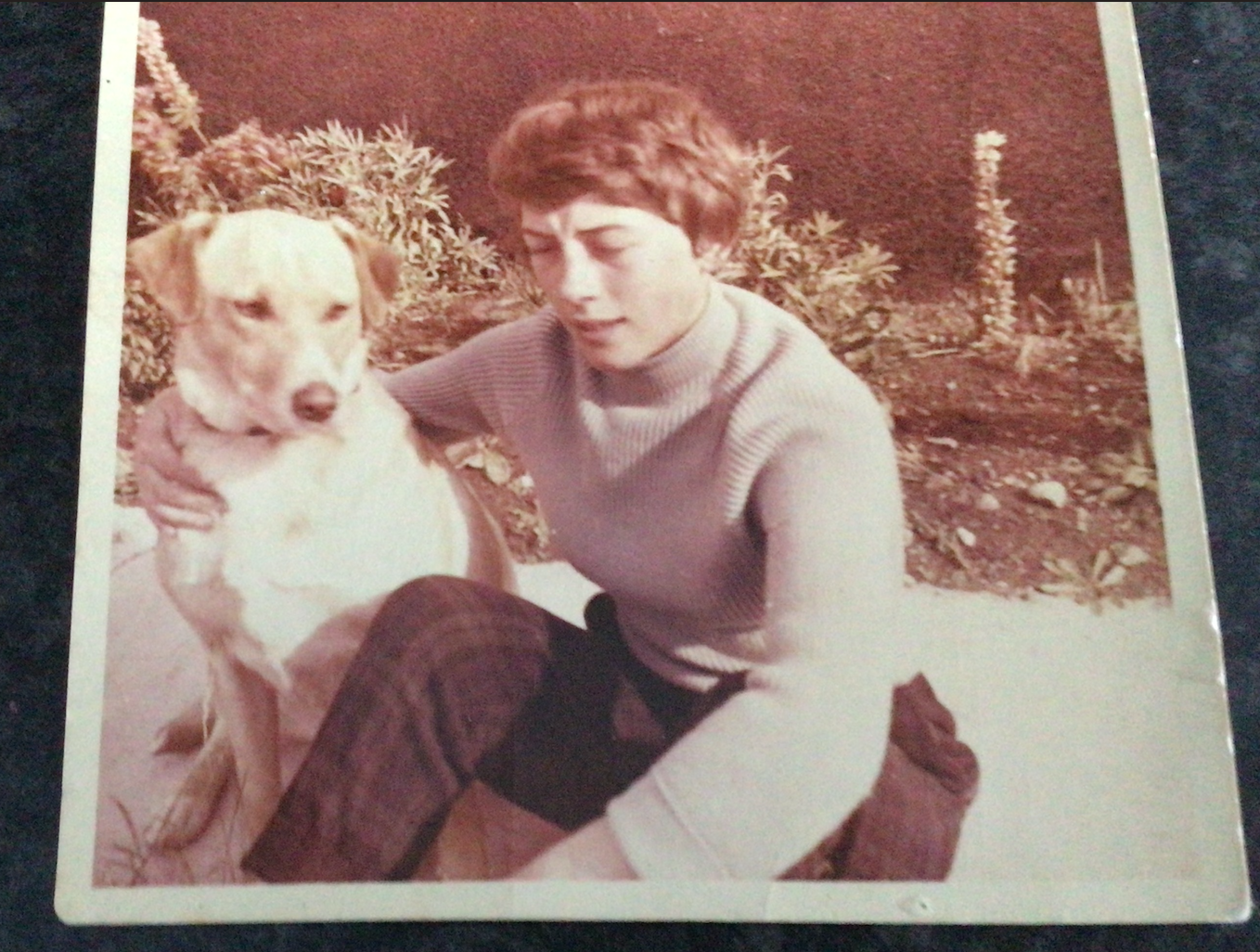 Photo of a 1950s photograph of Edna, a woman wearing a light colored sweater and dark pants as she sits on the ground outside next to her dog, Major. Her arm is around him.
