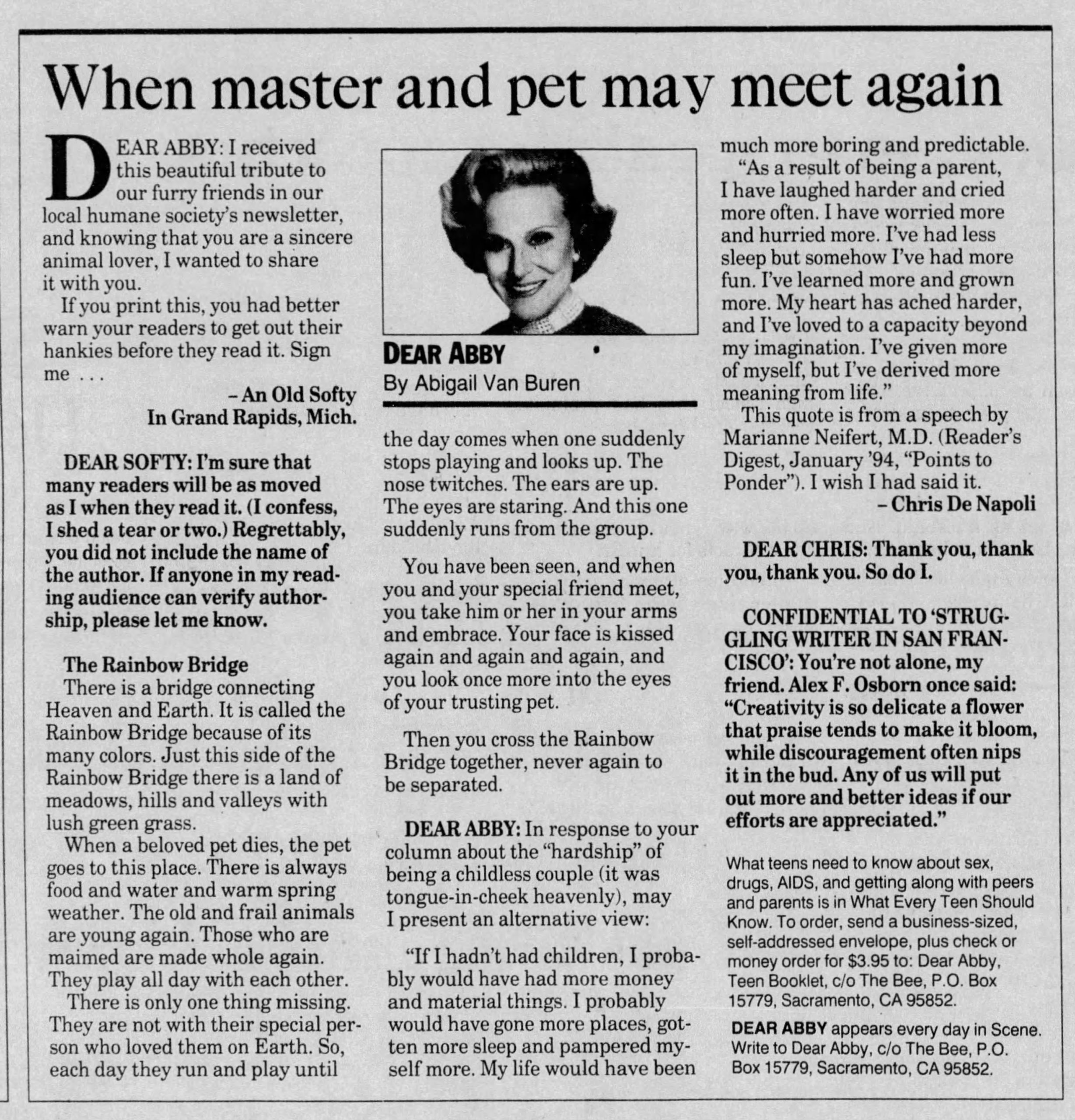 Image of the Dear Abby newspaper column with the Rainbow Bridge