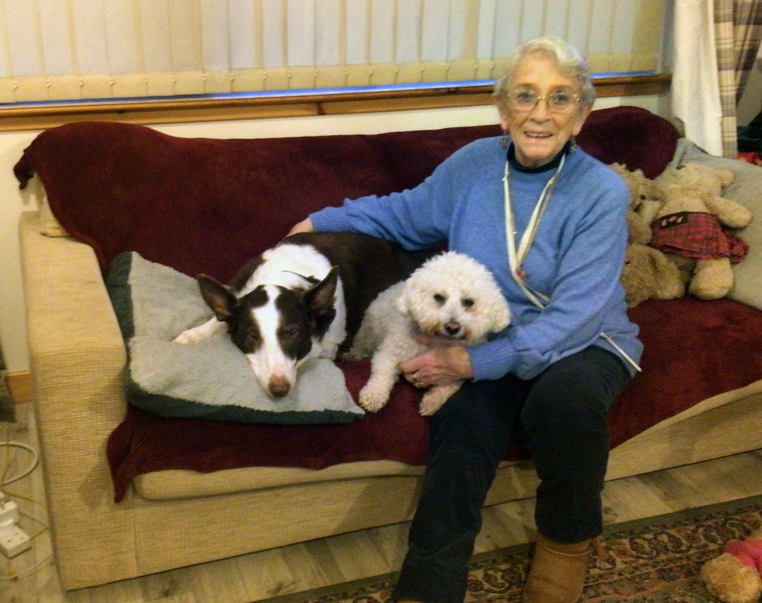 Edna, now 82, seated on a couch with her dogs Zannusi, a black and white short-haired dog, and Missy, a small white dog with curly hair.