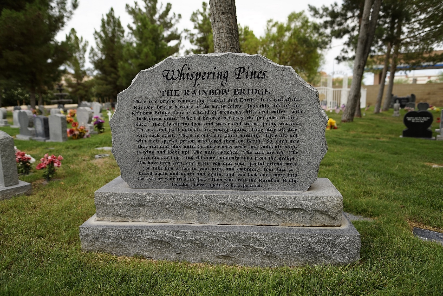 A large headstone in a cemetery featuring Edna's The Rainbow Bridge