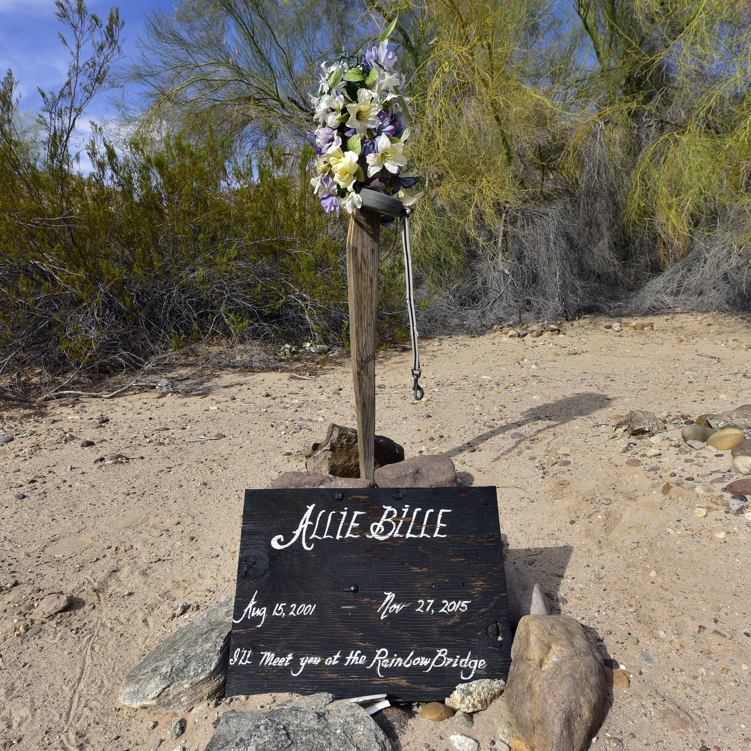 A grave in the desert marked with a wooden pole and flowers, and a marker that reads 