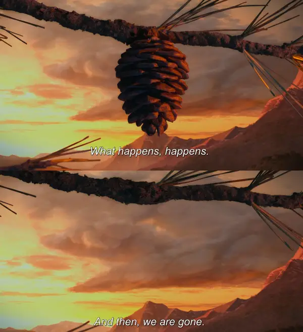 Two screen shots from the Pinnocchio film, on top is a pinecone hanging from a brach, a beautiful sunset is in the background full of organc=nge and gold with clouds. The text reads 