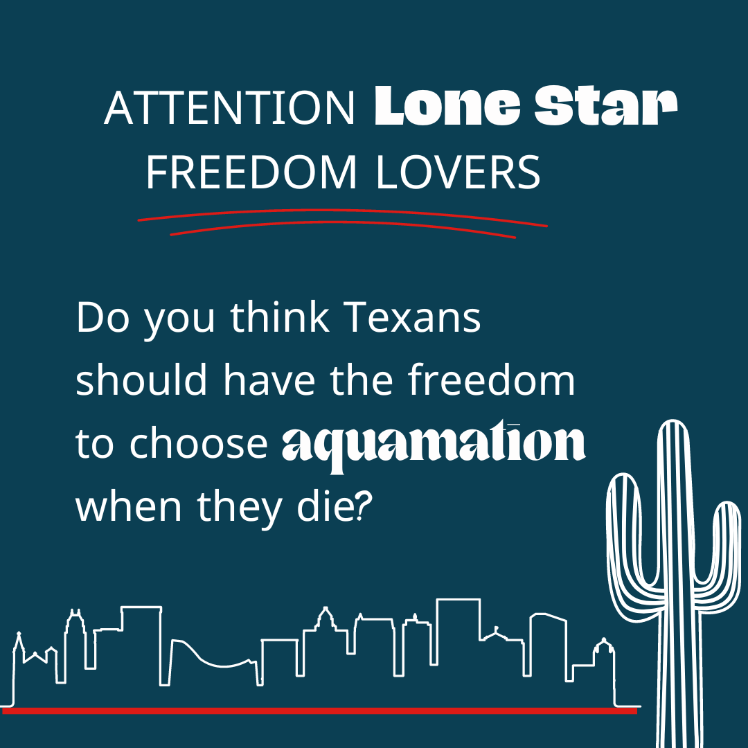 Graphic with blue background. Illustration features white outline of city and a cactus. Text reads attention lone star freedom lovers, do you think Texans should have the freedom to choose aquamation when they die?