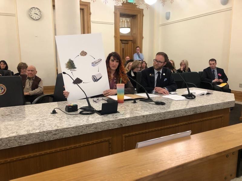 A woman holds a sign inside a state house