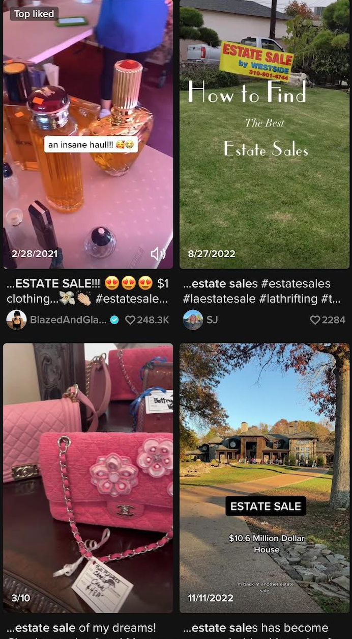 Screen shot of four estate sale TikToks