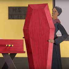 Illustration of a Black woman moving a red coffin. The background of the wall behind her is a muted golden yellow