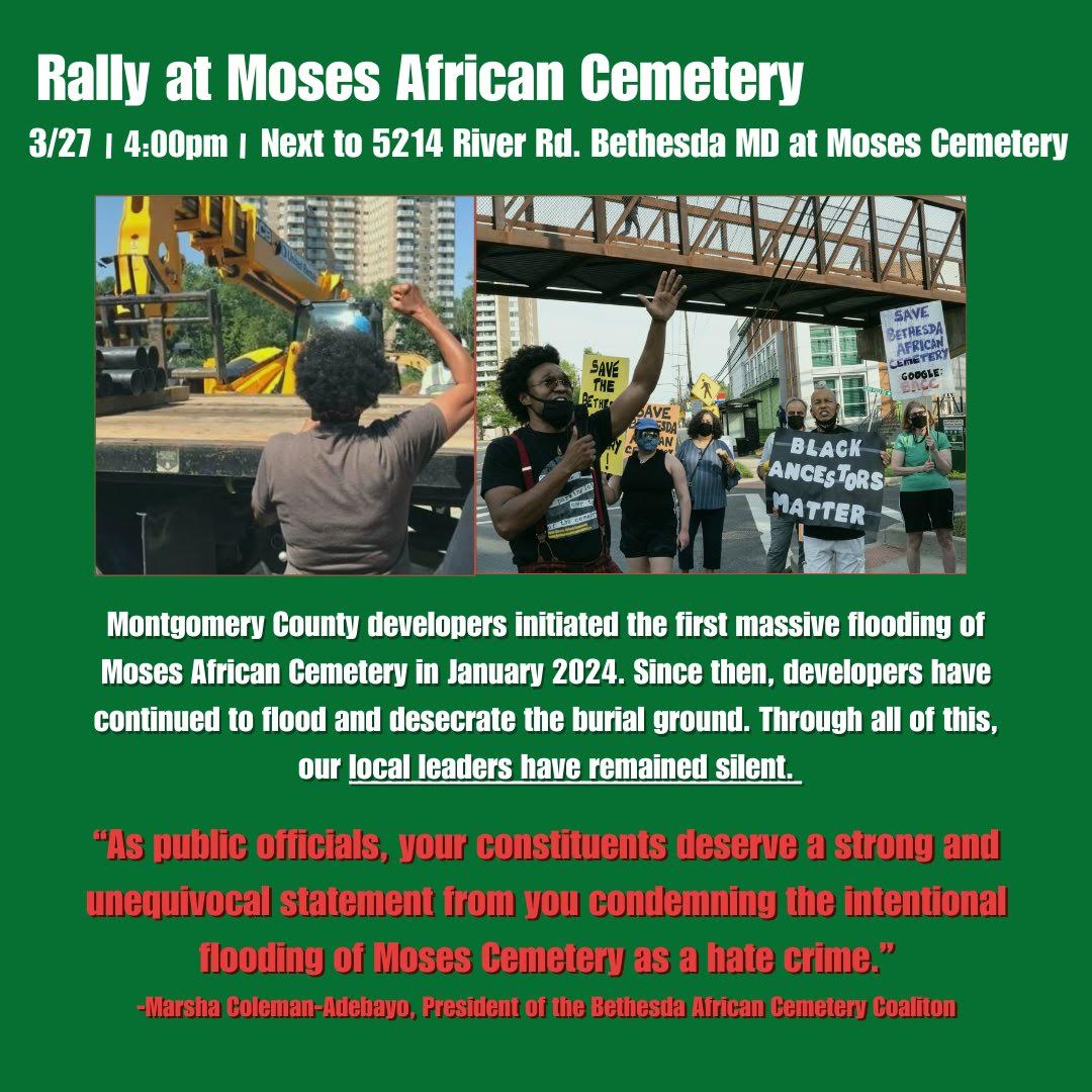 flyer with green background featuring photo of flooded cemetery grounds