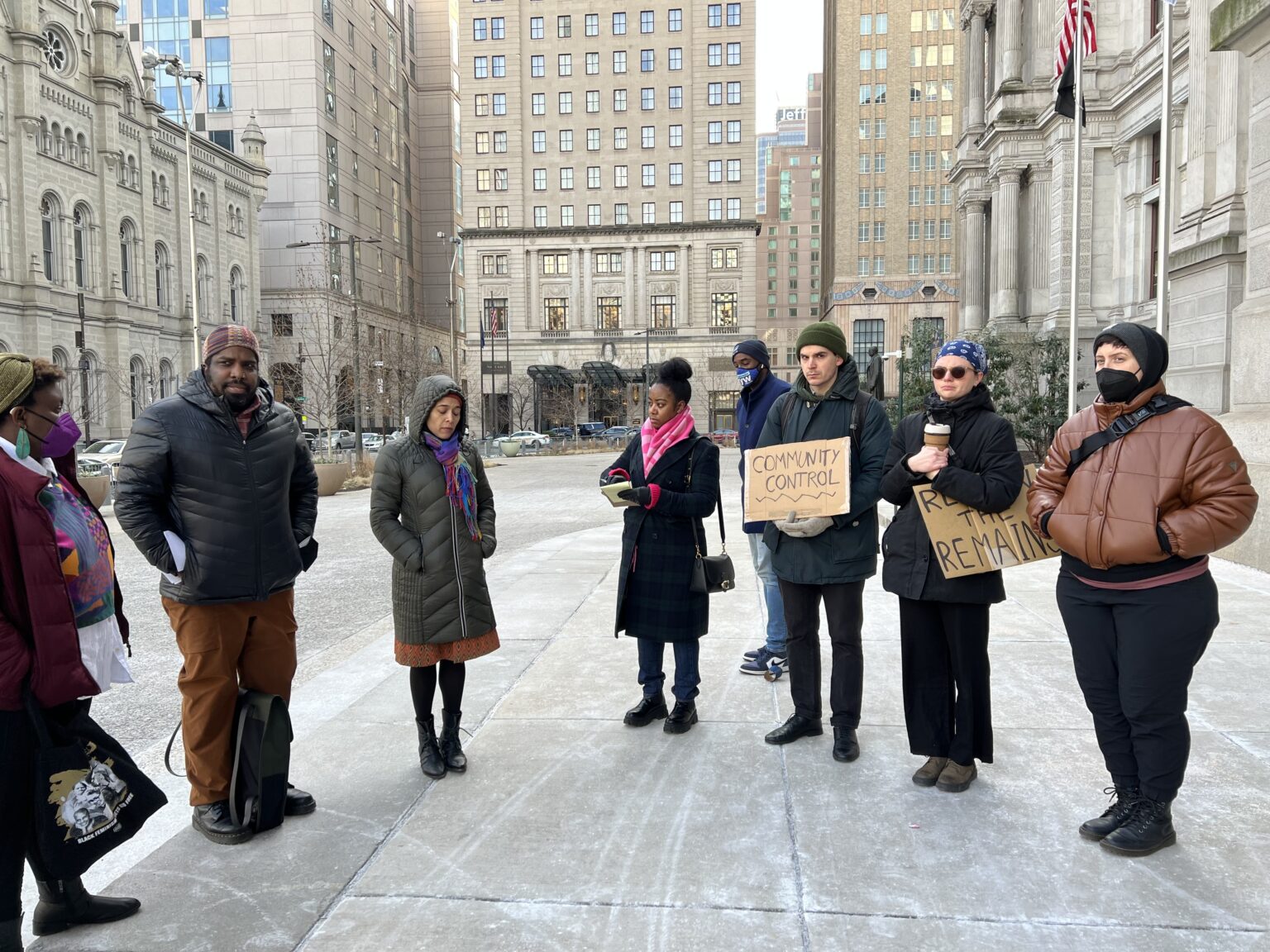 A group of people gathered outside a Philadelphia court