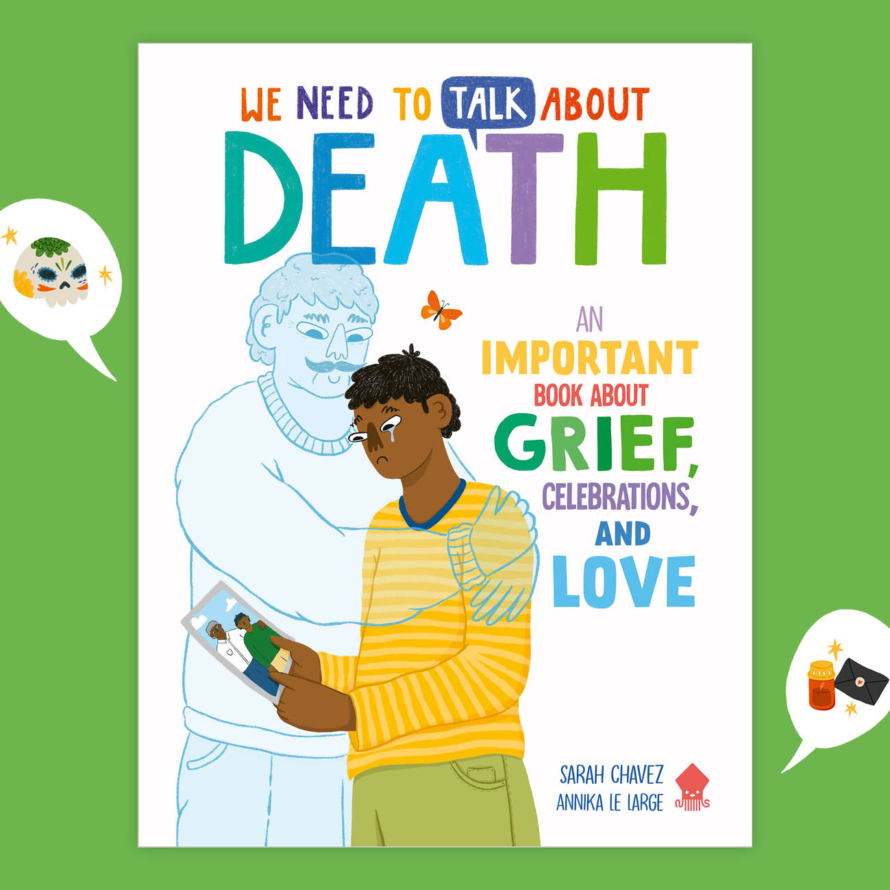 cover of WE Need to Talk About Death featuring an illustration of a young boy embraced by a man depicted as a transparent figure