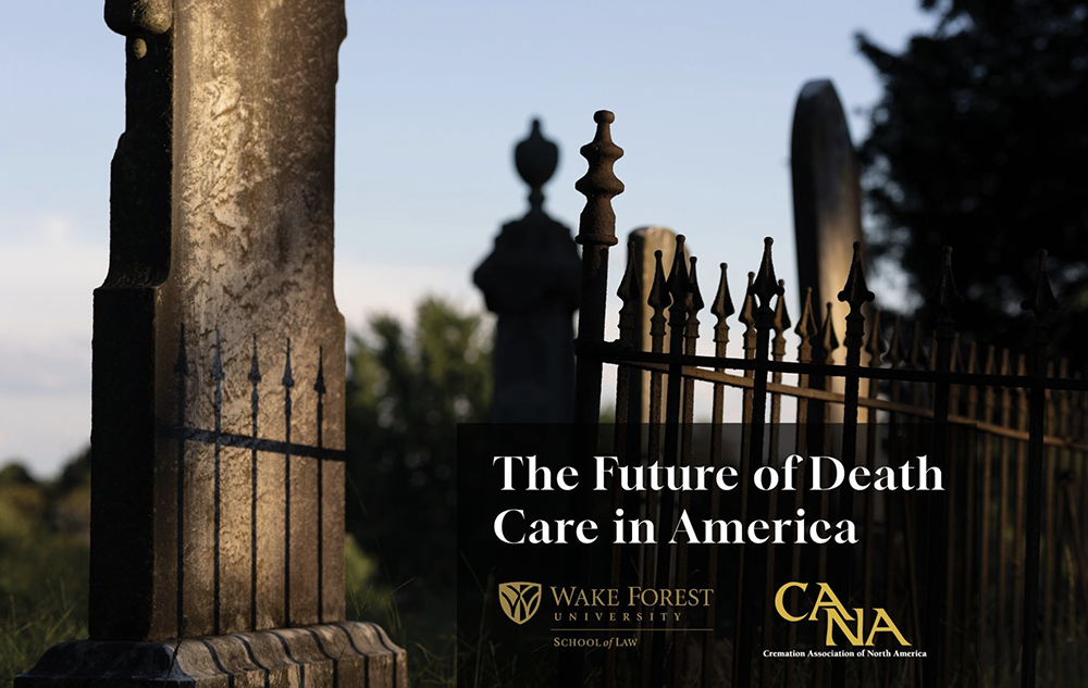 banner for the future of death care conference features text over a photo of a cemetery fence