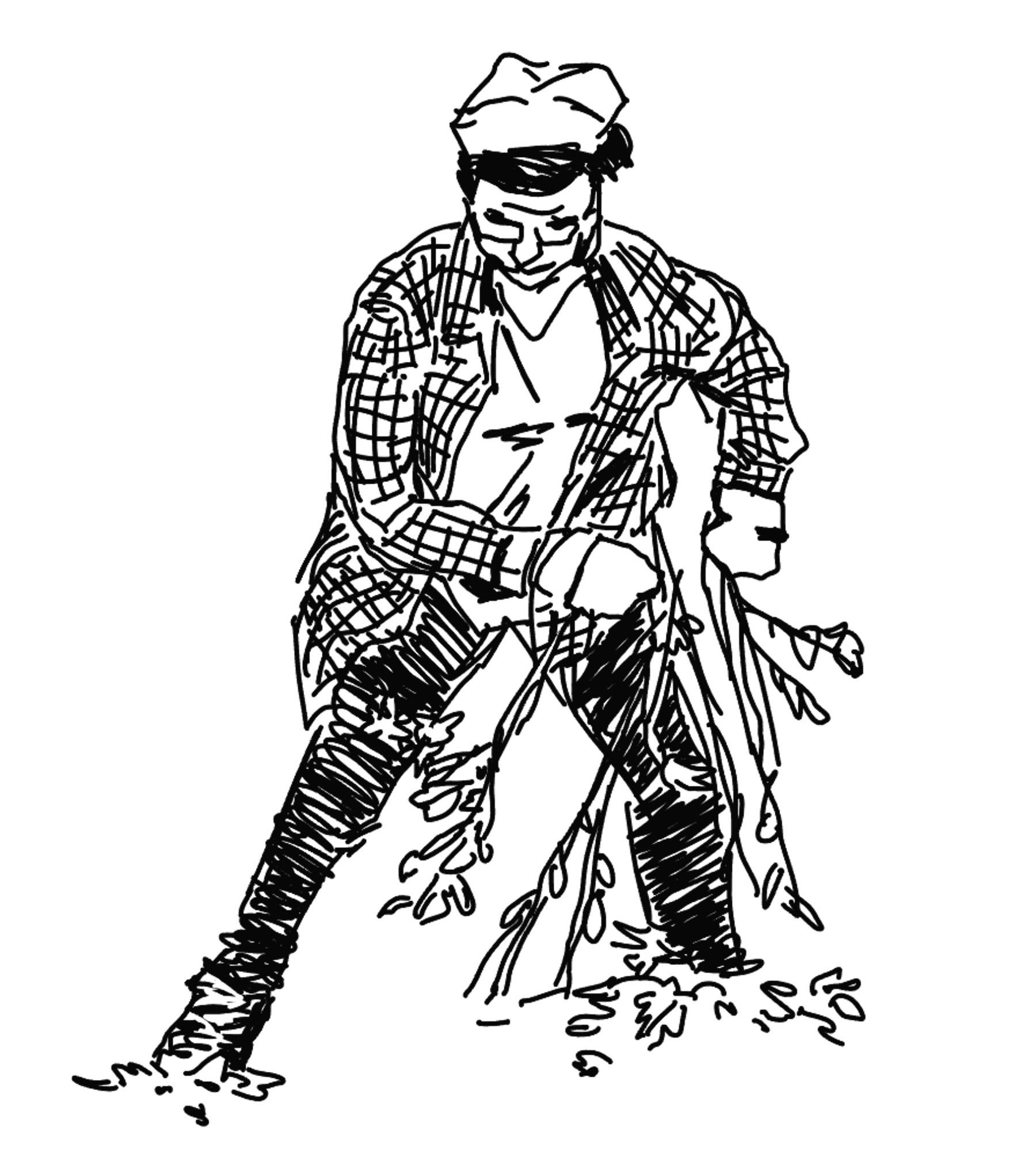 black and white illustration of a person pulling weeds