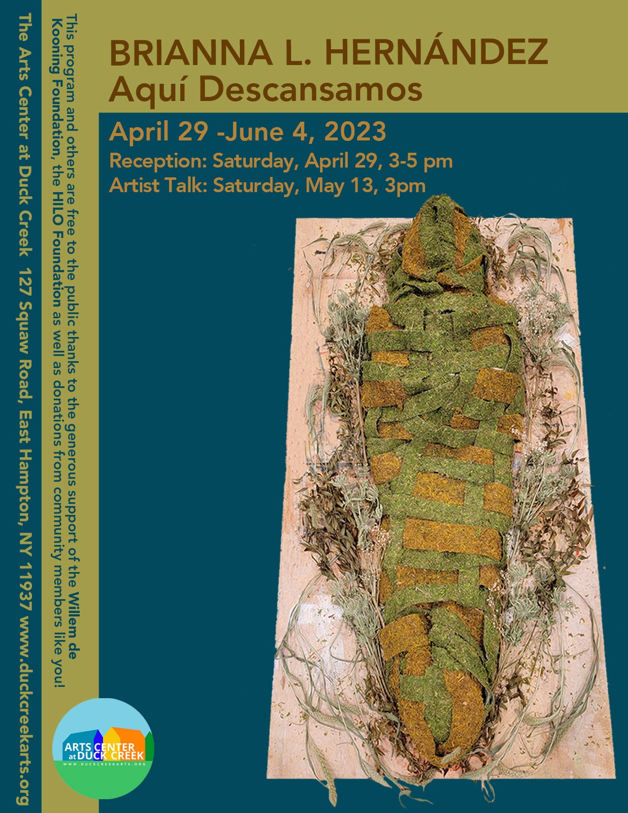 Flyer for Aqui Descansamos featuring an image of an art piece that resembles a human body shrouded in natural materials like miss and bark