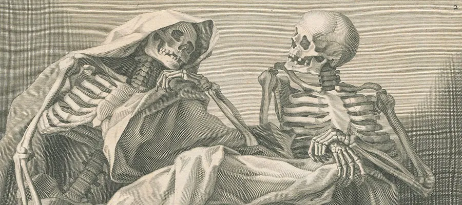 Excerpt of black and white artwork featuring two skeletons talking