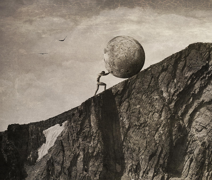 Sisyphus pushing boulder uphill by Jeffrey Hummel