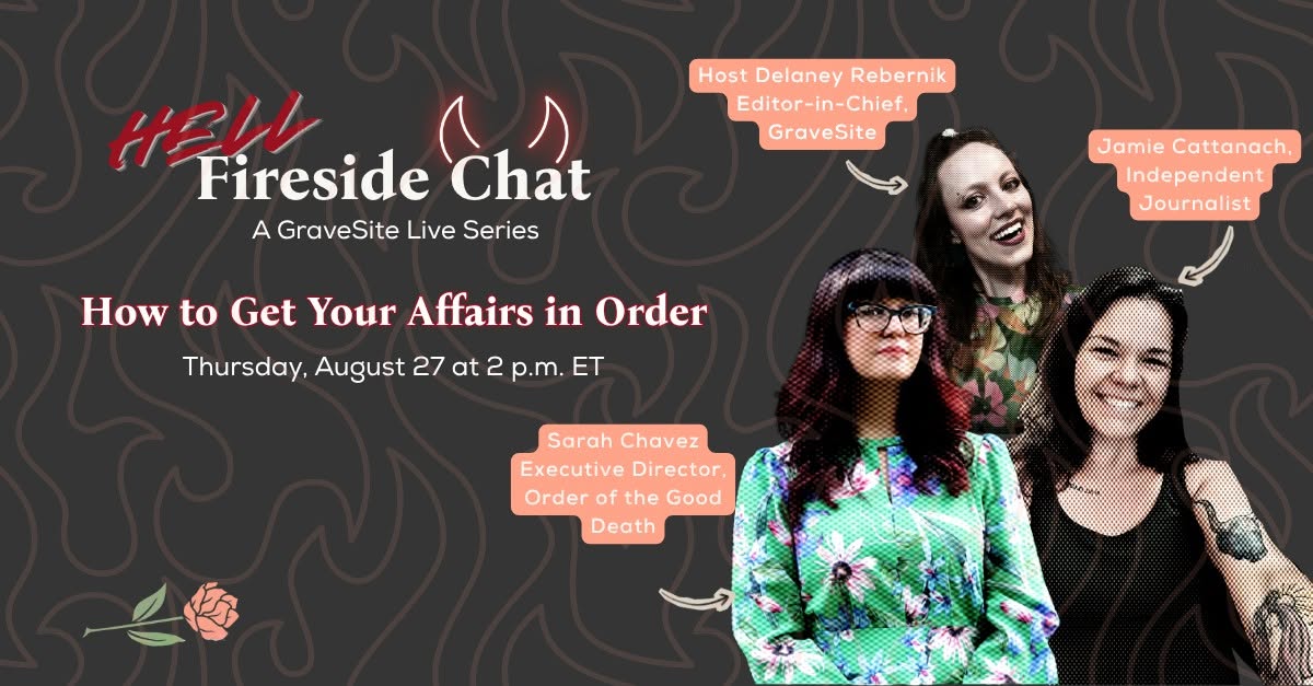 graphic for GraveSite's hellfireside Chat featuring a photos of Delaney and Sarah, with journalist Jamie