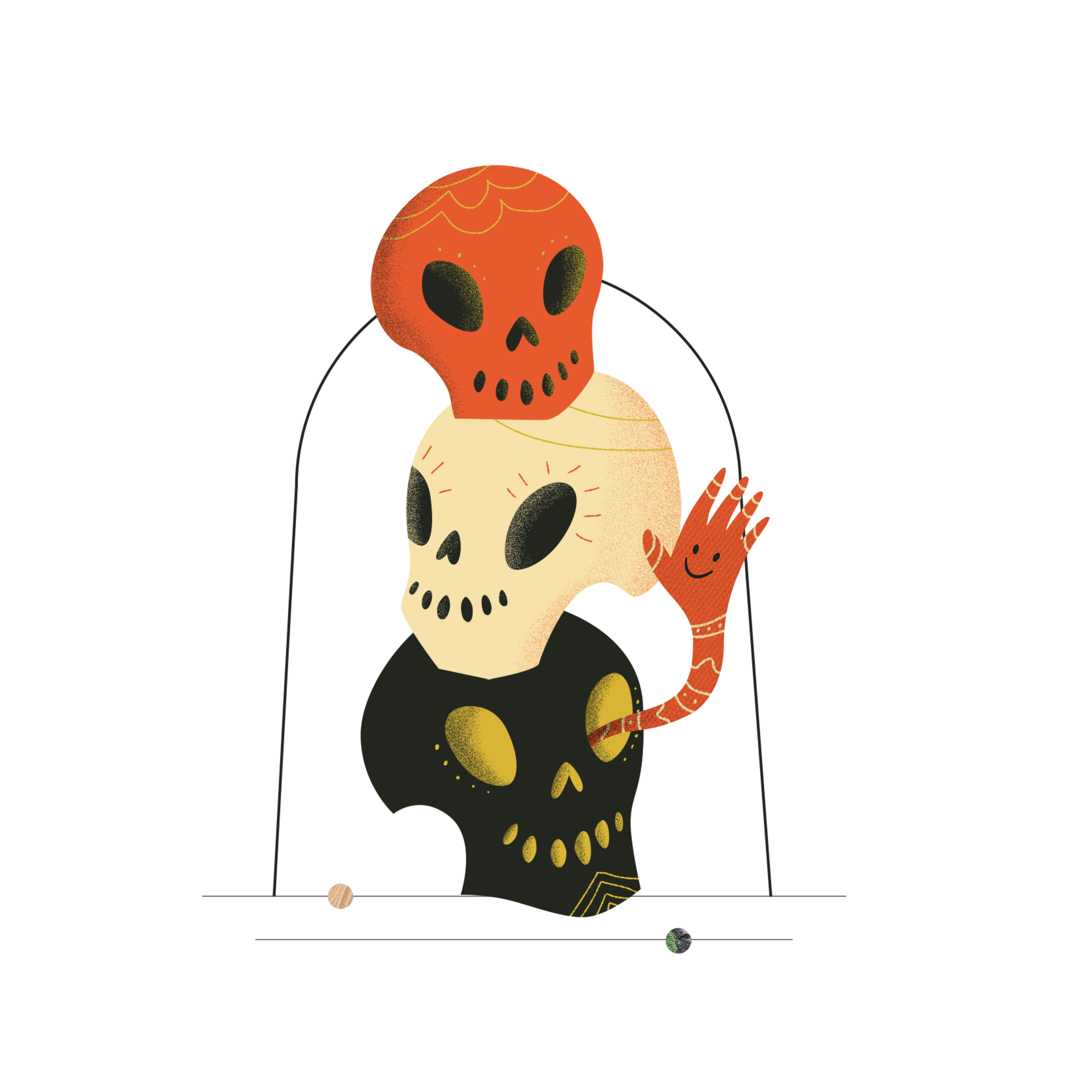 Illustration of three stacked skulls with a hand waving